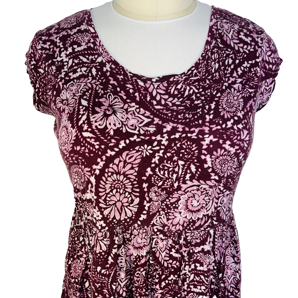 Faded Glory Top Womens XL Short Sleeve Blouse Burgundy Cottage Print Peplum Hem - Picture 2 of 13